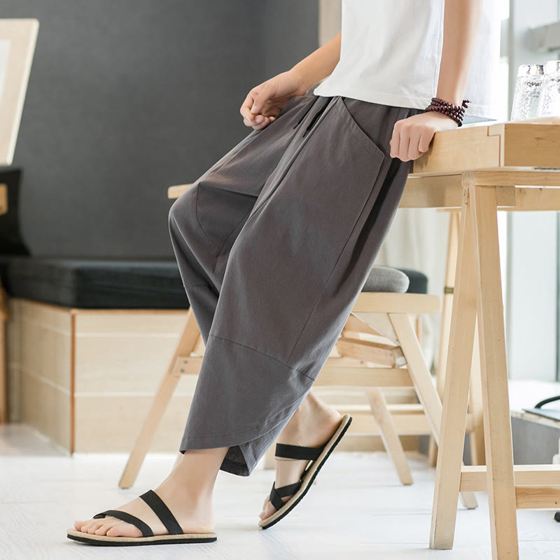 Nimara Ritual Summer Men's Solid Color 7-8 Length Drawstring Pants With Pockets