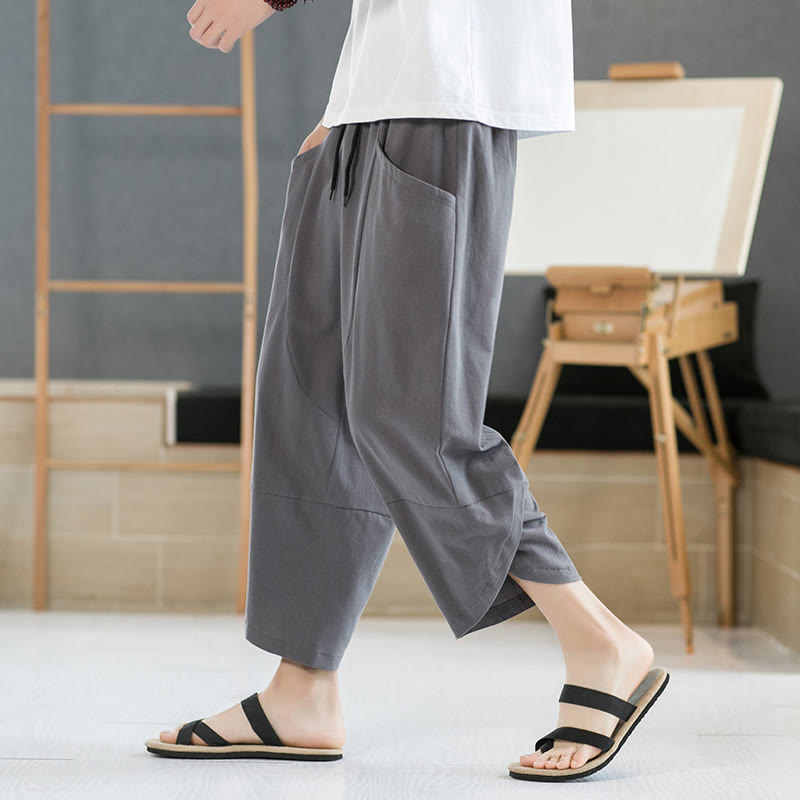Nimara Ritual Summer Men's Solid Color 7-8 Length Drawstring Pants With Pockets