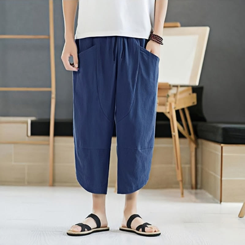 Nimara Ritual Summer Men's Solid Color 7-8 Length Drawstring Pants With Pockets