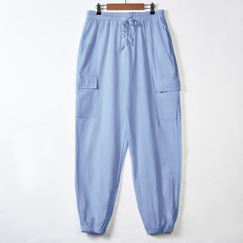 Nimara Ritual Solid Color Linen Drawstring Men's Cargo Pants With Pockets