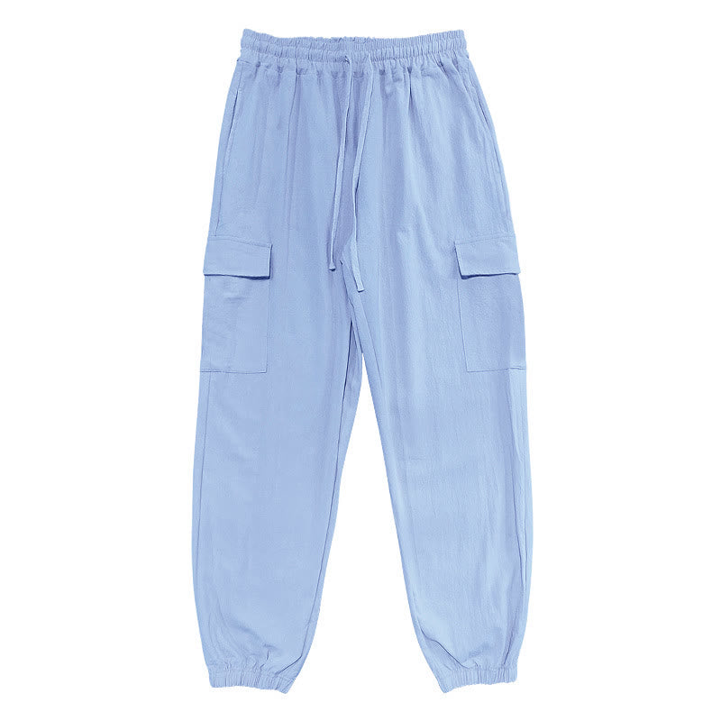 Nimara Ritual Solid Color Linen Drawstring Men's Cargo Pants With Pockets