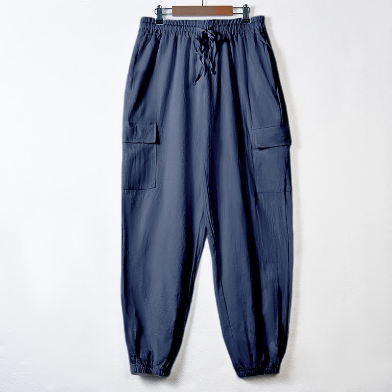 Nimara Ritual Solid Color Linen Drawstring Men's Cargo Pants With Pockets
