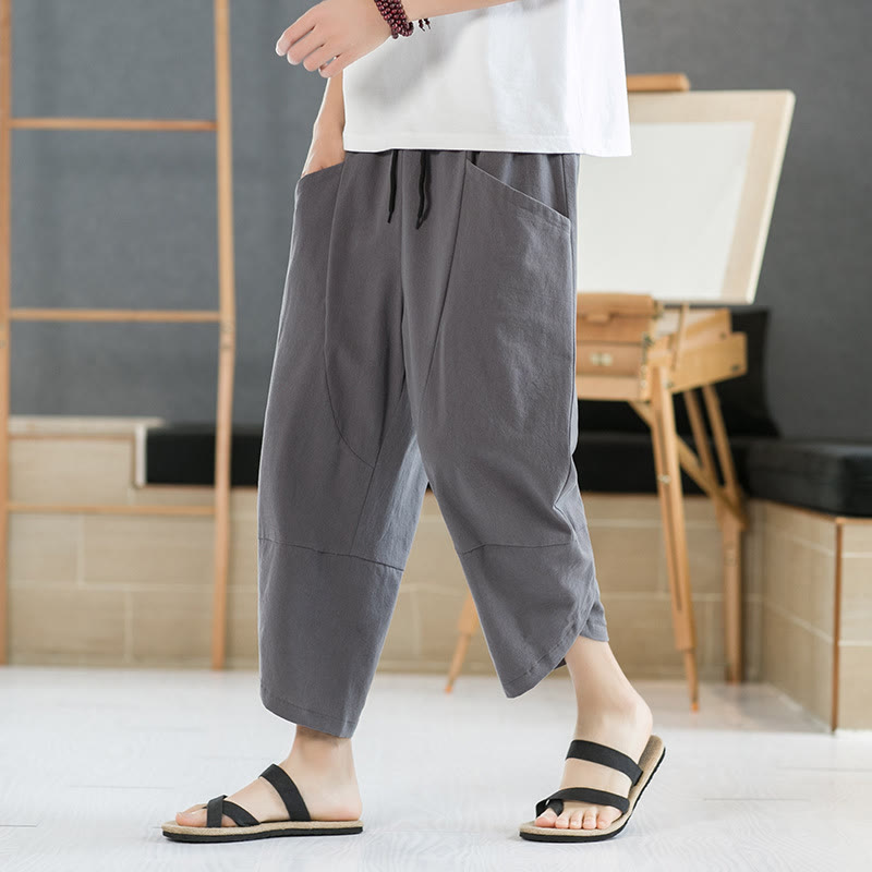 Nimara Ritual Summer Men's Solid Color 7-8 Length Drawstring Pants With Pockets