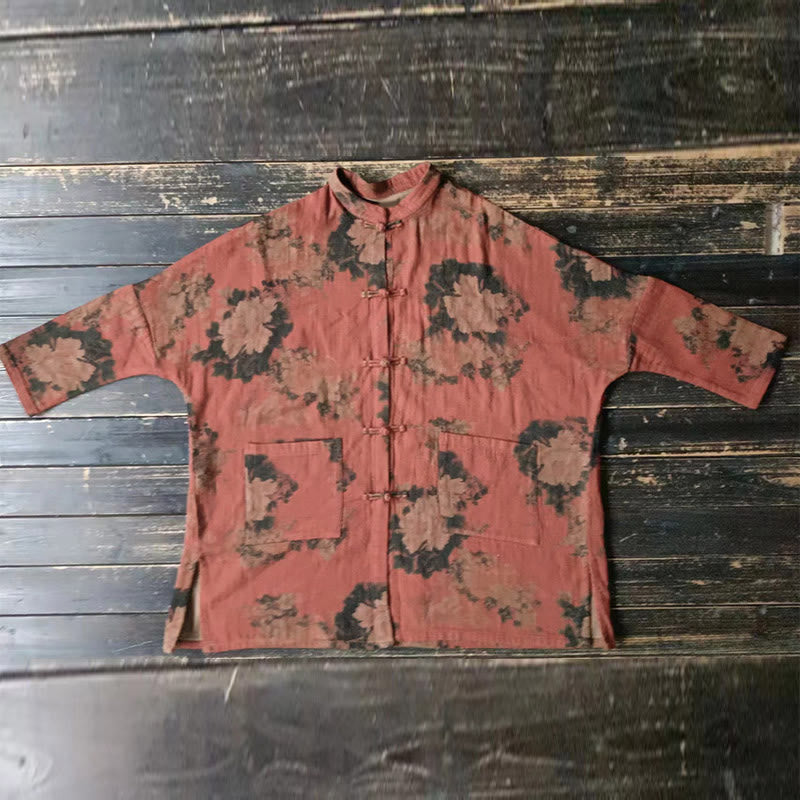 Nimara Ritual Orange Peony Flower Frog-Button Open Front Jacket With Pockets