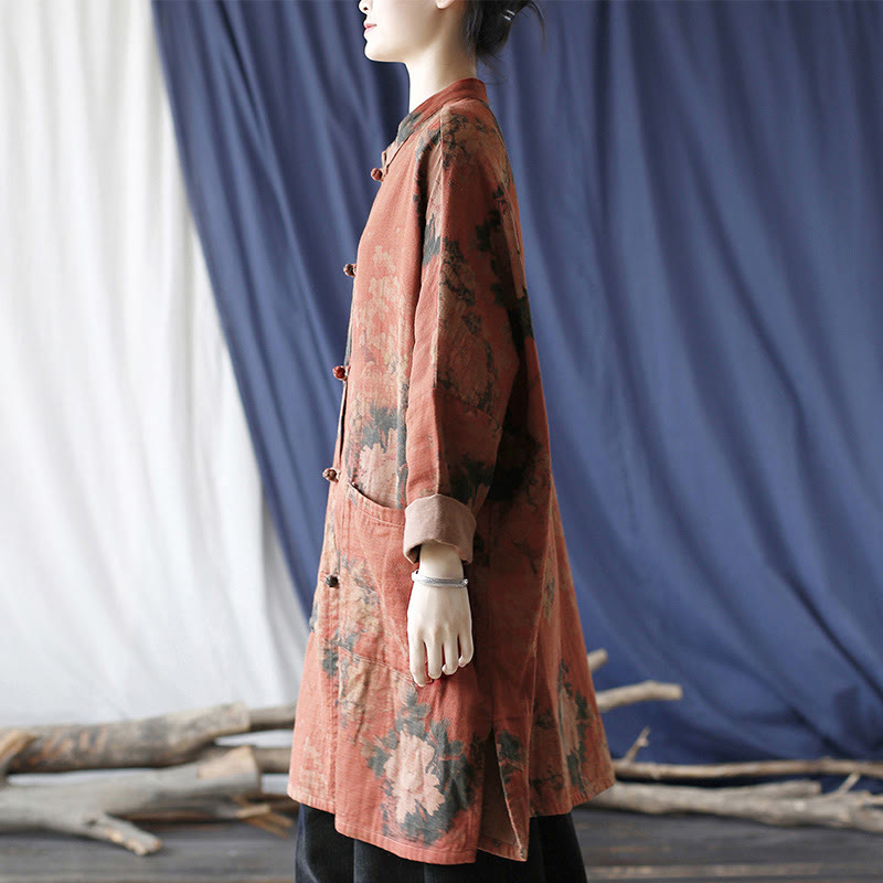 Nimara Ritual Orange Peony Flower Frog-Button Open Front Jacket With Pockets