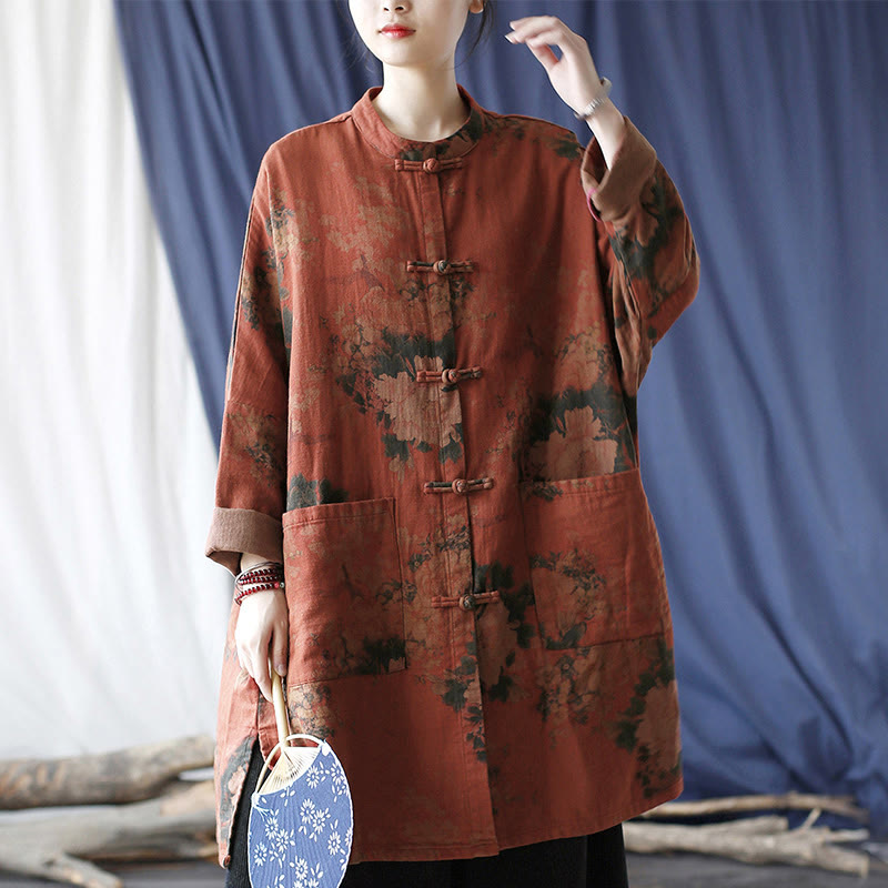 Nimara Ritual Orange Peony Flower Frog-Button Open Front Jacket With Pockets