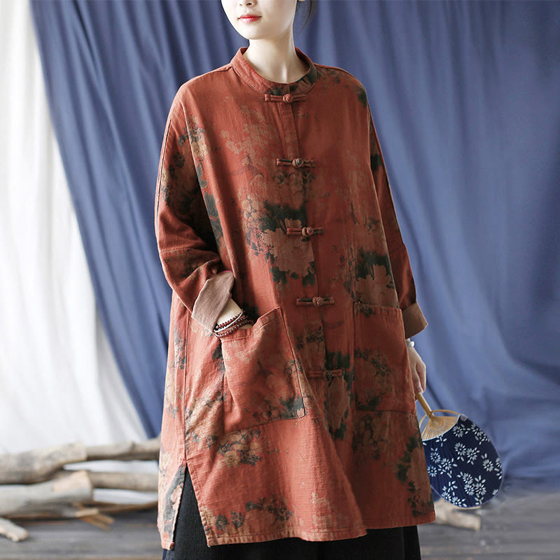 Nimara Ritual Orange Peony Flower Frog-Button Open Front Jacket With Pockets