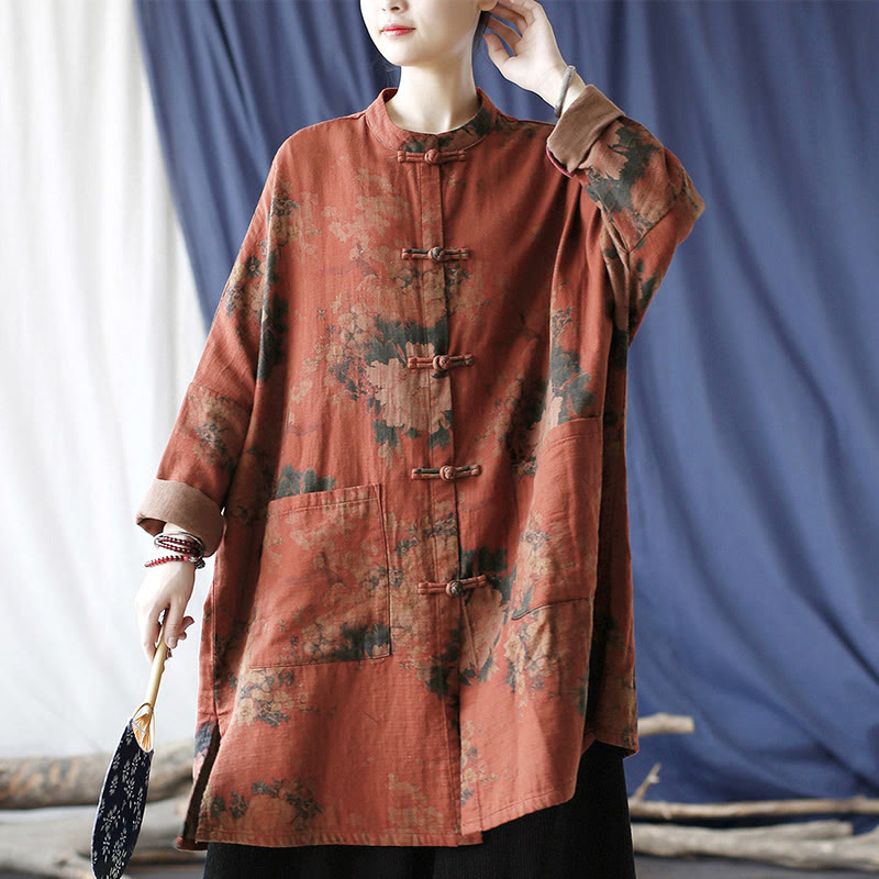 Nimara Ritual Orange Peony Flower Frog-Button Open Front Jacket With Pockets