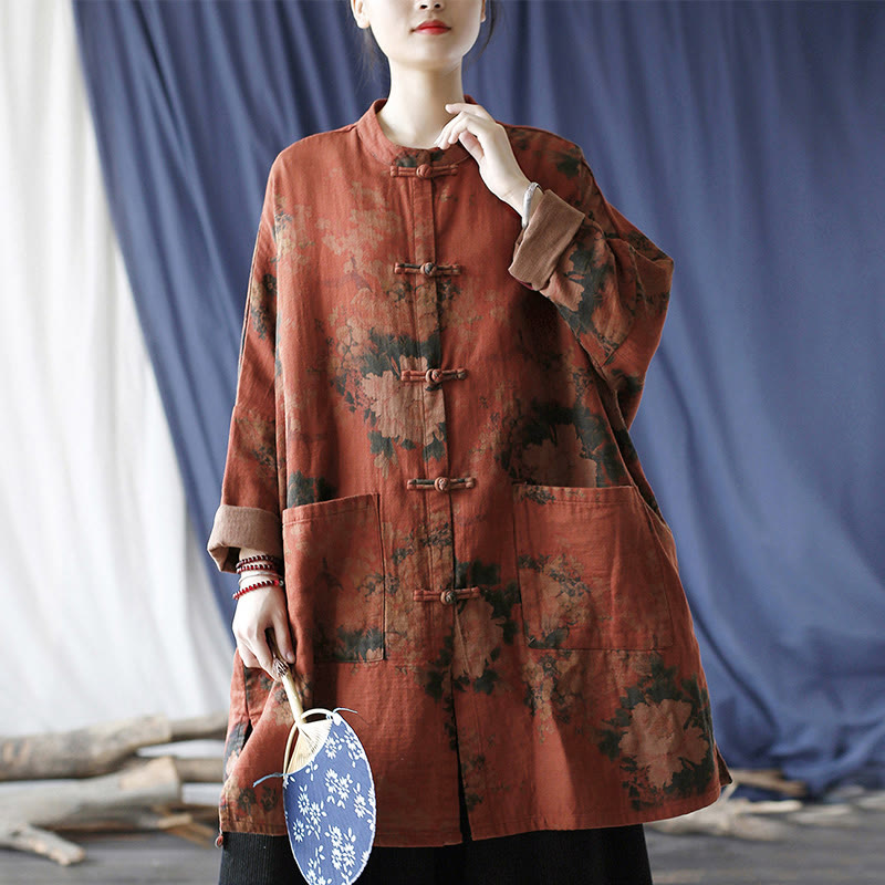 Nimara Ritual Orange Peony Flower Frog-Button Open Front Jacket With Pockets