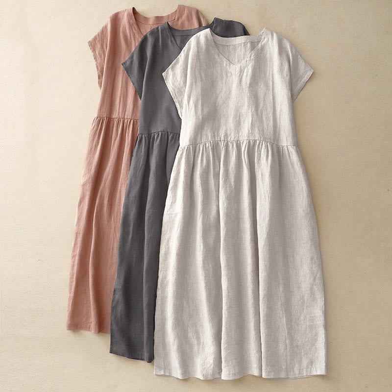 Nimara Ritual Casual Artistic Solid Color Simple Design High Waist Short Sleeve Midi Dress With Pockets