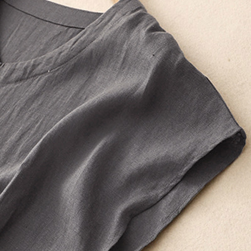 Nimara Ritual Casual Artistic Solid Color Simple Design High Waist Short Sleeve Midi Dress With Pockets