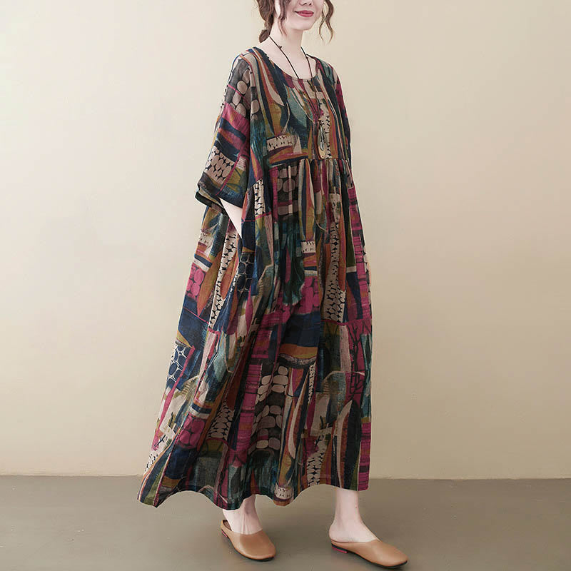 Nimara Ritual Colorful Graphics Midi Dress Half Sleeve Tunic Dress With Pockets