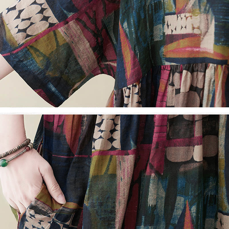 Nimara Ritual Colorful Graphics Midi Dress Half Sleeve Tunic Dress With Pockets