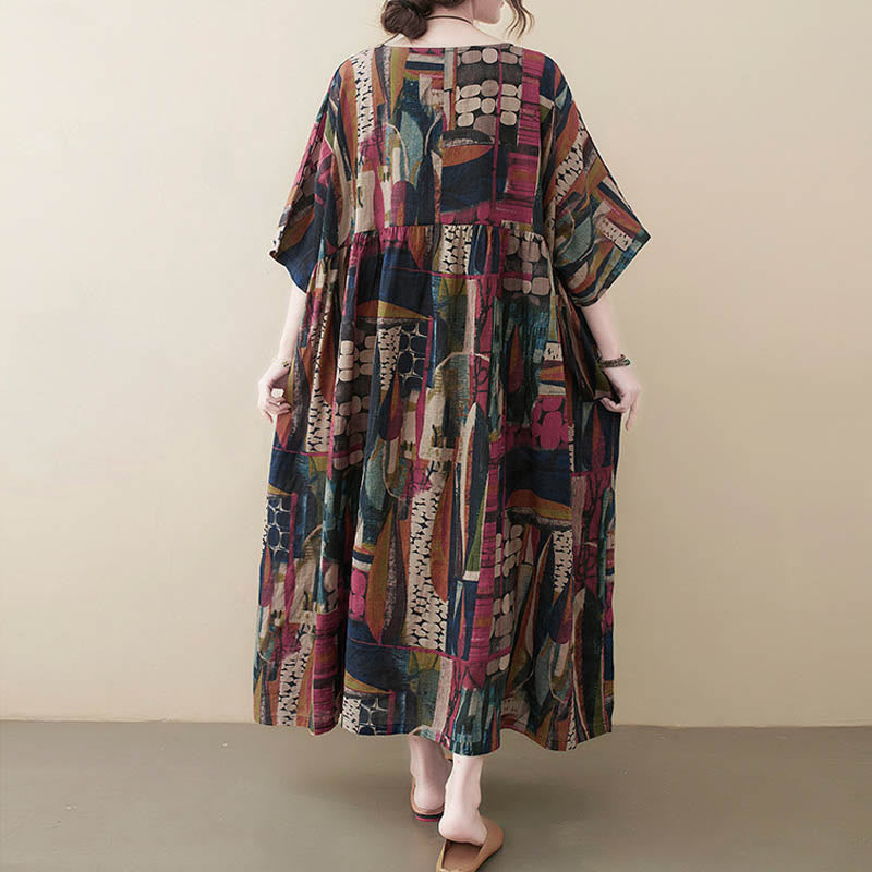 Nimara Ritual Colorful Graphics Midi Dress Half Sleeve Tunic Dress With Pockets