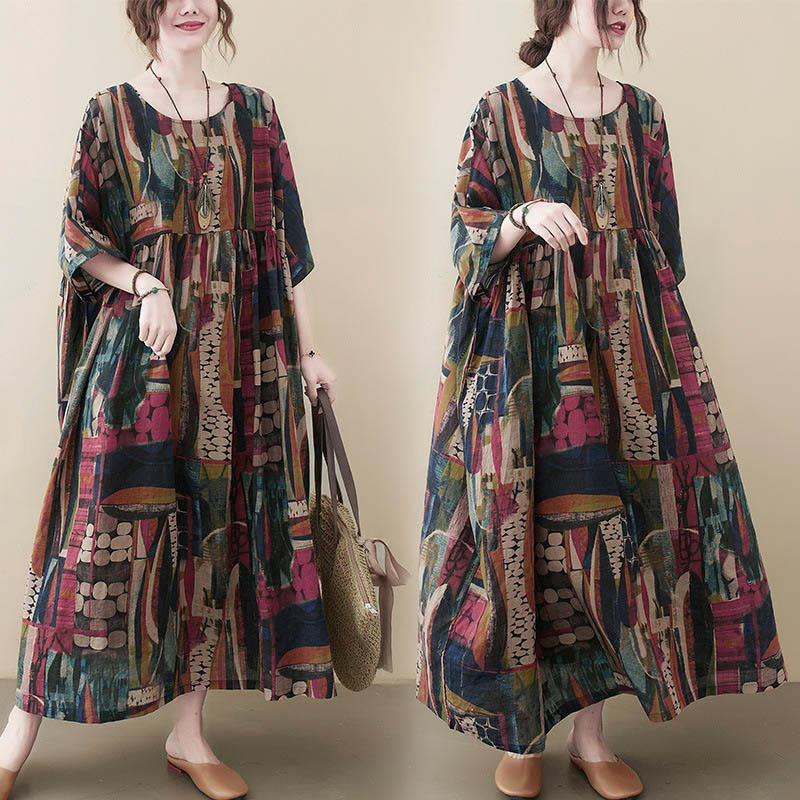 Nimara Ritual Colorful Graphics Midi Dress Half Sleeve Tunic Dress With Pockets