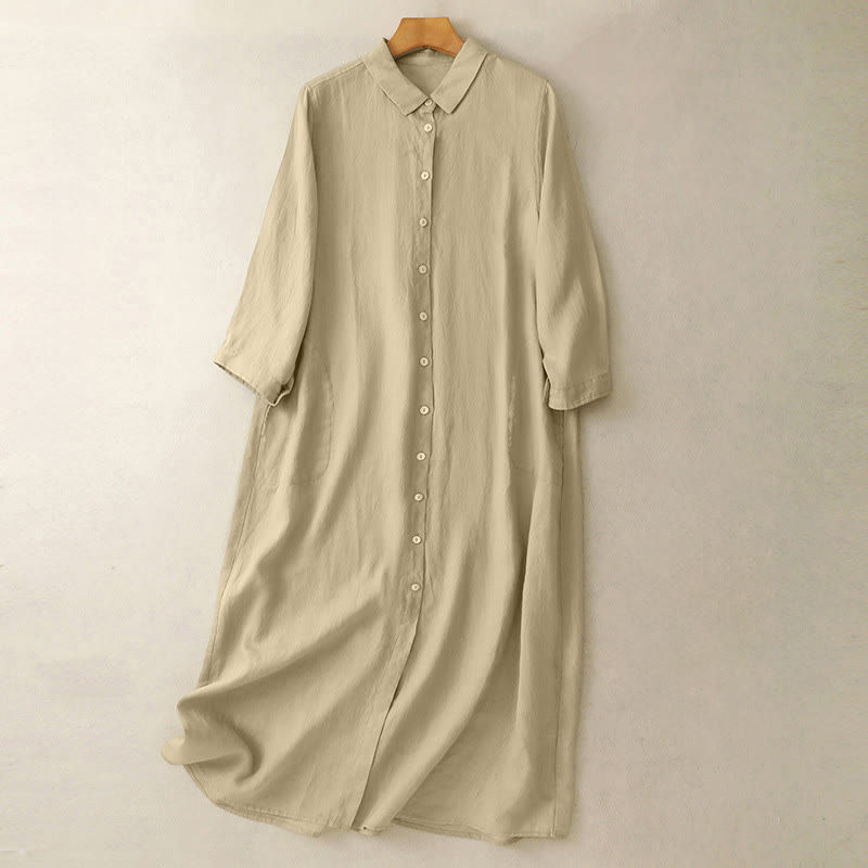 Nimara Ritual Fall Commute Plain Buttons Design Long Sleeve Knee Length Dress With Pockets
