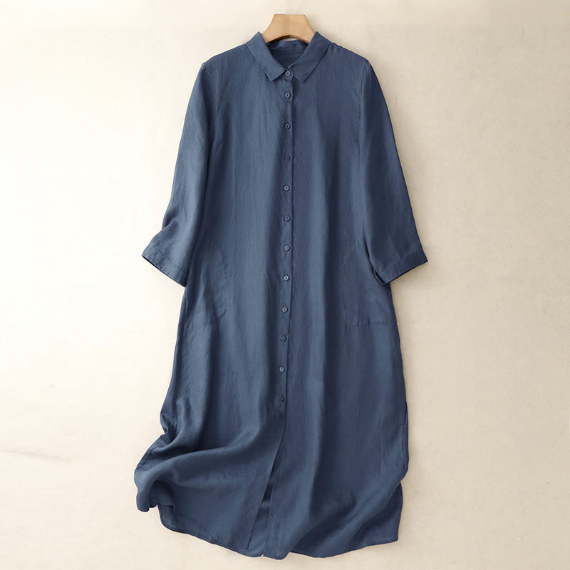 Nimara Ritual Fall Commute Plain Buttons Design Long Sleeve Knee Length Dress With Pockets