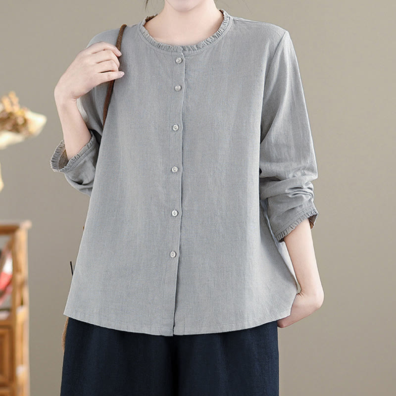 Nimara Ritual Spring Solid Color Buttons Design Ruffled Crew Neck Women's Shirt