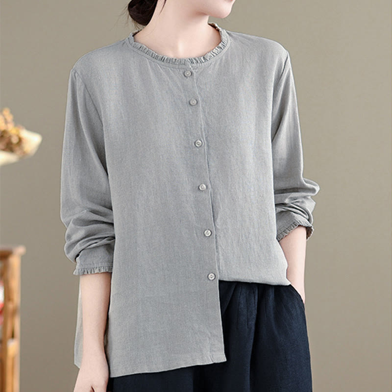 Nimara Ritual Spring Solid Color Buttons Design Ruffled Crew Neck Women's Shirt