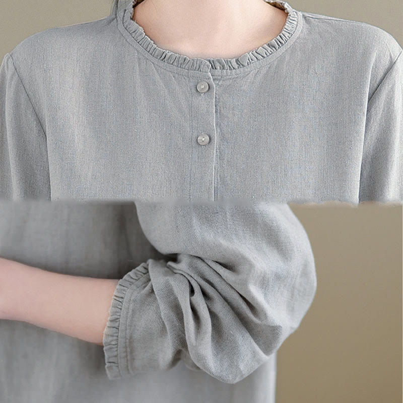 Nimara Ritual Spring Solid Color Buttons Design Ruffled Crew Neck Women's Shirt