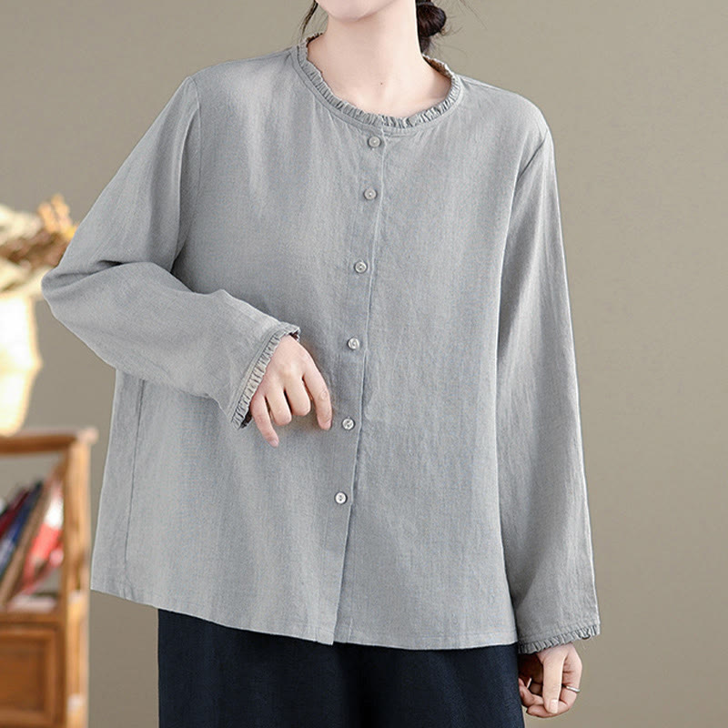 Nimara Ritual Spring Solid Color Buttons Design Ruffled Crew Neck Women's Shirt