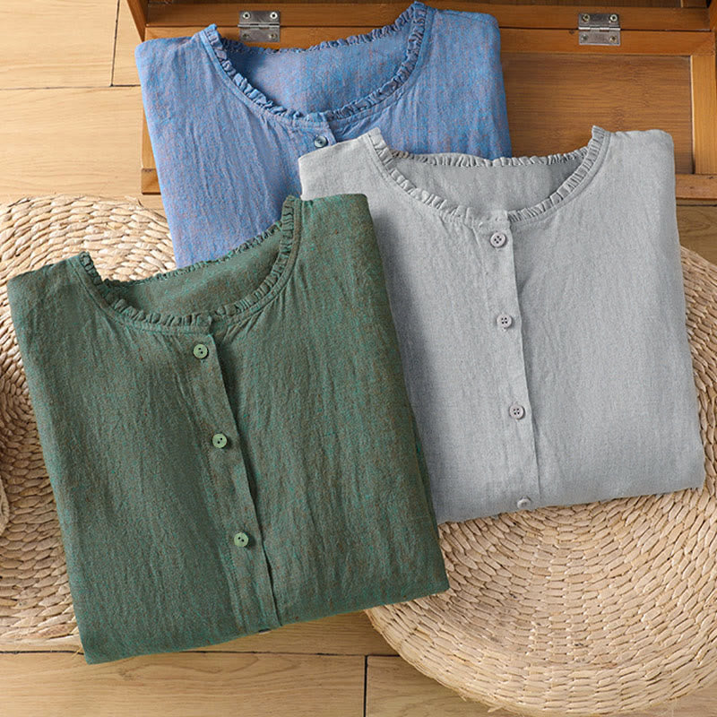 Nimara Ritual Spring Solid Color Buttons Design Ruffled Crew Neck Women's Shirt