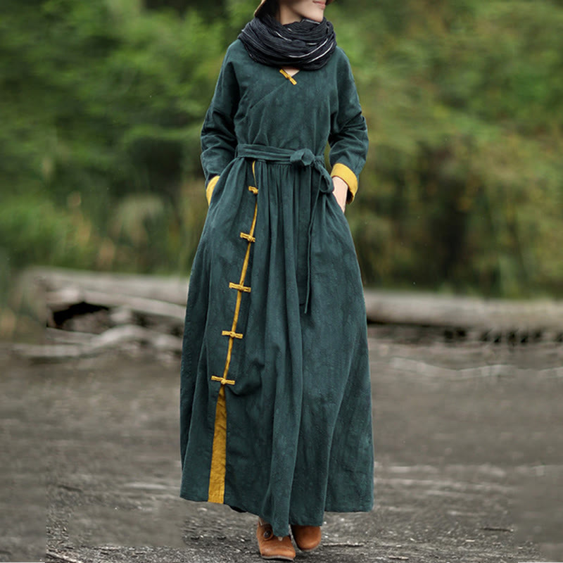 Nimara Ritual Frog-Button Plain V-Neck Long Sleeve Cotton Linen Midi Dress With Pockets
