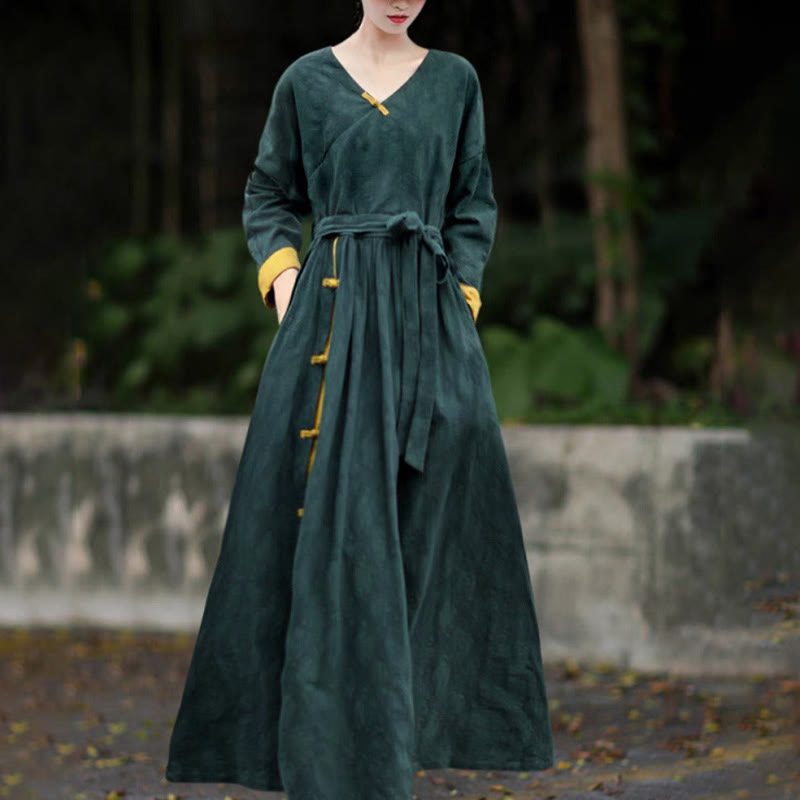 Nimara Ritual Frog-Button Plain V-Neck Long Sleeve Cotton Linen Midi Dress With Pockets