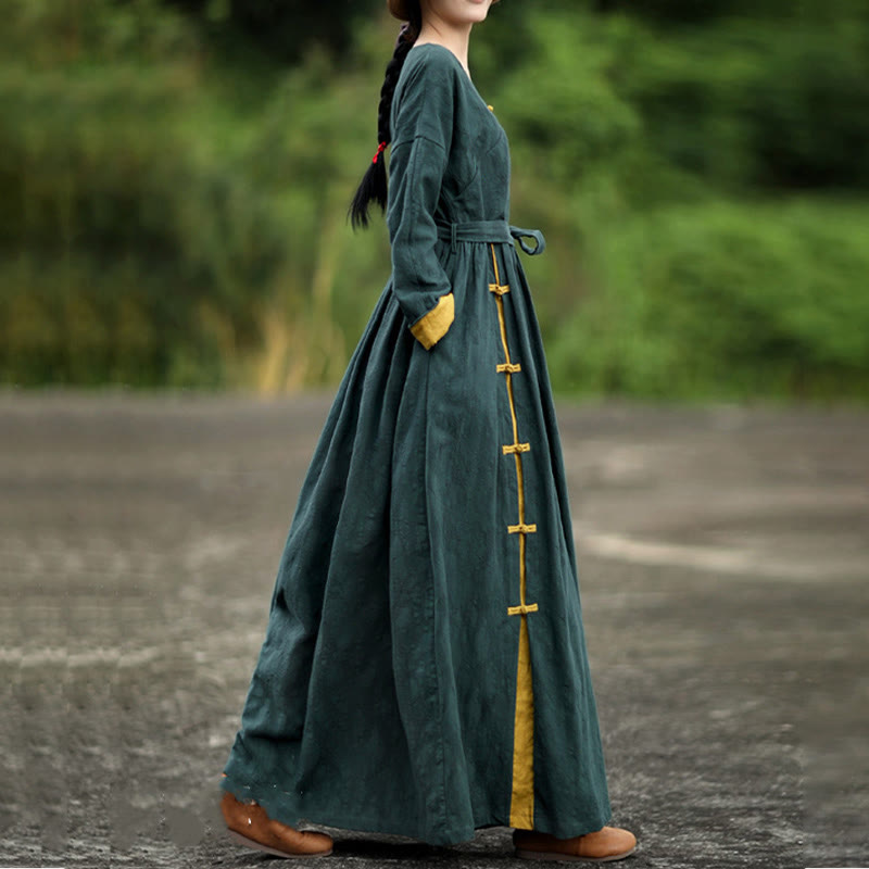 Nimara Ritual Frog-Button Plain V-Neck Long Sleeve Cotton Linen Midi Dress With Pockets