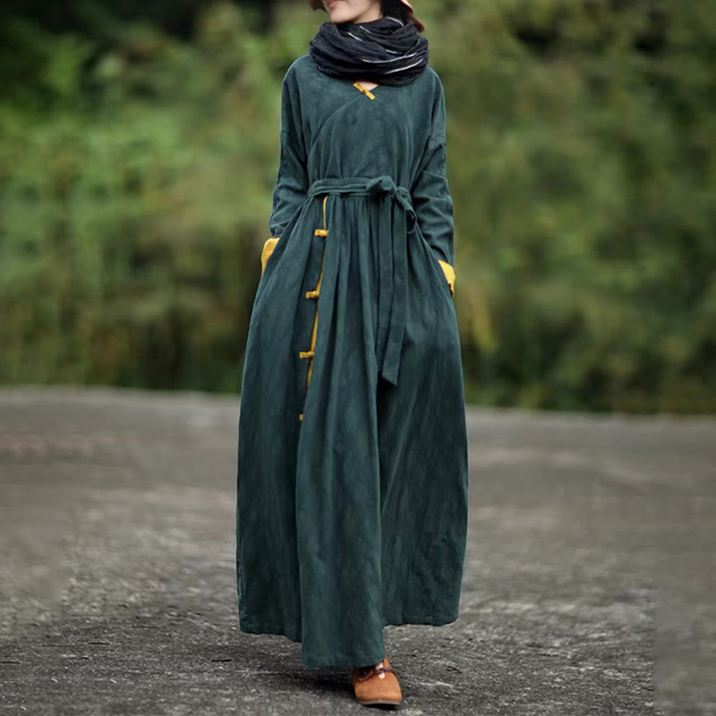Nimara Ritual Frog-Button Plain V-Neck Long Sleeve Cotton Linen Midi Dress With Pockets