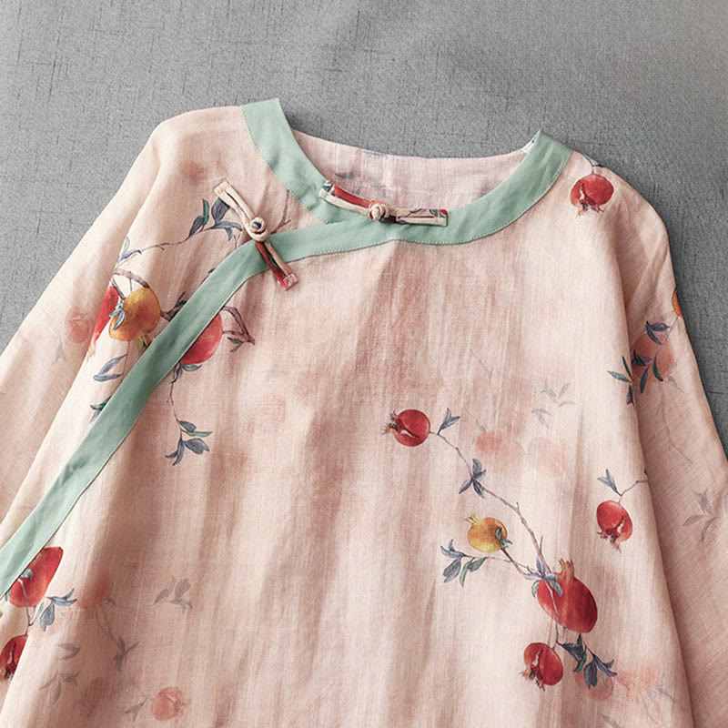 Nimara Ritual Frog-Button Orchid Pomegranate Flowers Pattern Side Slit Design Half Sleeve Midi Dress