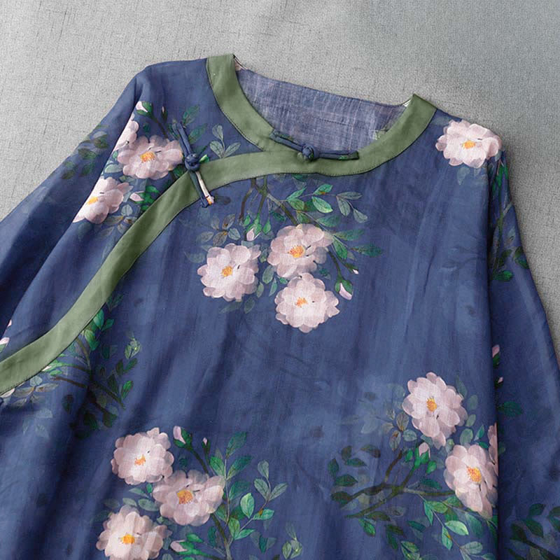 Nimara Ritual Frog-Button Orchid Pomegranate Flowers Pattern Side Slit Design Half Sleeve Midi Dress
