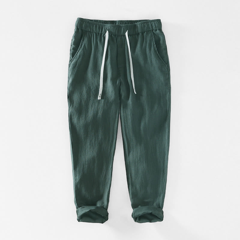 Nimara Ritual Fall Solid Drawstring Elastic Waist Men's Linen Ankle-Length Pants With Pockets