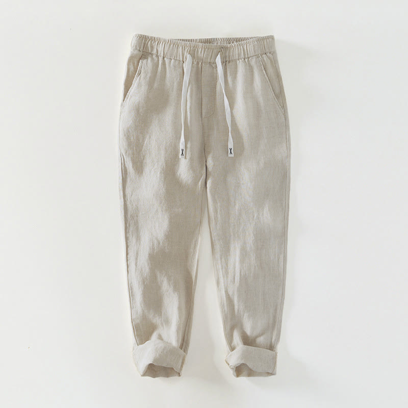 Nimara Ritual Fall Solid Drawstring Elastic Waist Men's Linen Ankle-Length Pants With Pockets