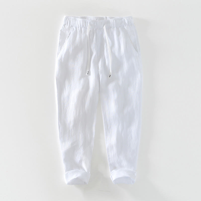 Nimara Ritual Fall Solid Drawstring Elastic Waist Men's Linen Ankle-Length Pants With Pockets