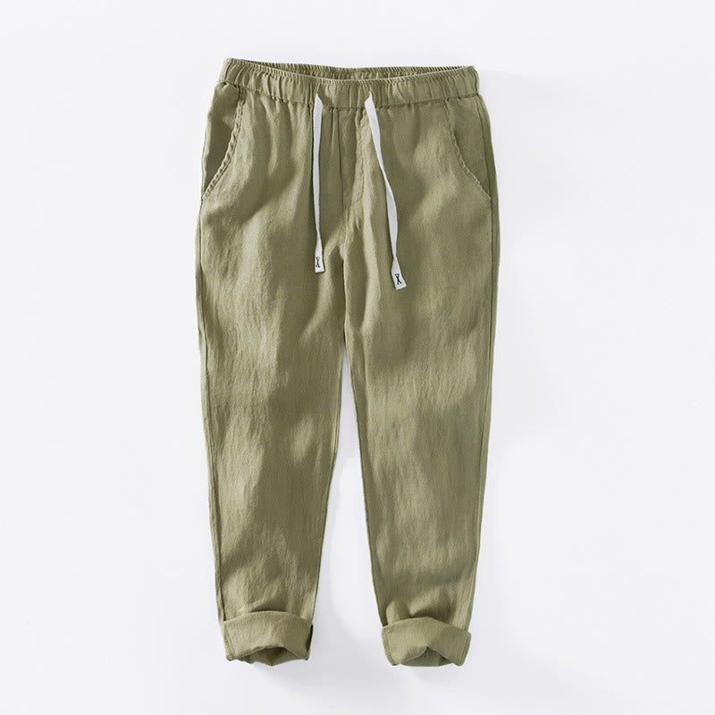 Nimara Ritual Fall Solid Drawstring Elastic Waist Men's Linen Ankle-Length Pants With Pockets