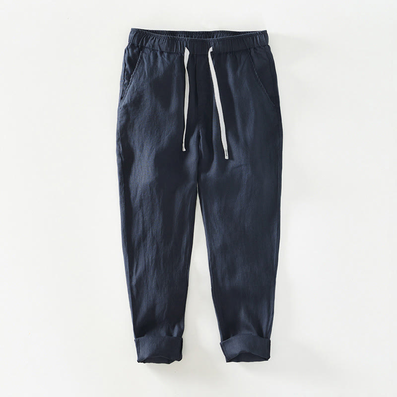 Nimara Ritual Fall Solid Drawstring Elastic Waist Men's Linen Ankle-Length Pants With Pockets