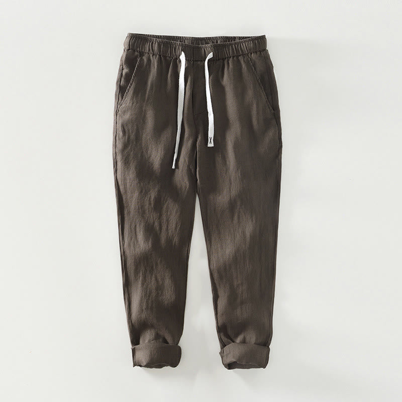 Nimara Ritual Fall Solid Drawstring Elastic Waist Men's Linen Ankle-Length Pants With Pockets