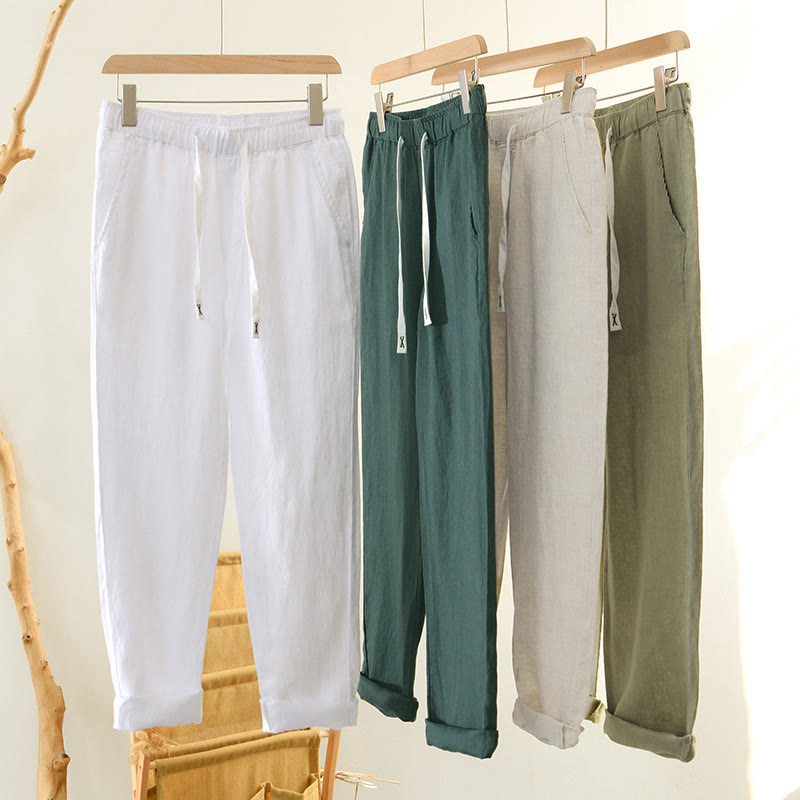 Nimara Ritual Fall Solid Drawstring Elastic Waist Men's Linen Ankle-Length Pants With Pockets
