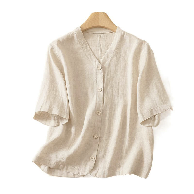 Nimara Ritual Summer Solid Color V-Neck Buttons Simple Design Women's Short Sleeve Shirt