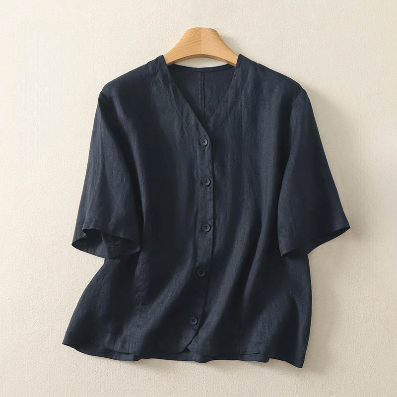 Nimara Ritual Summer Solid Color V-Neck Buttons Simple Design Women's Short Sleeve Shirt