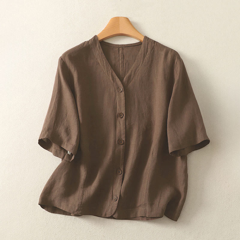 Nimara Ritual Summer Solid Color V-Neck Buttons Simple Design Women's Short Sleeve Shirt