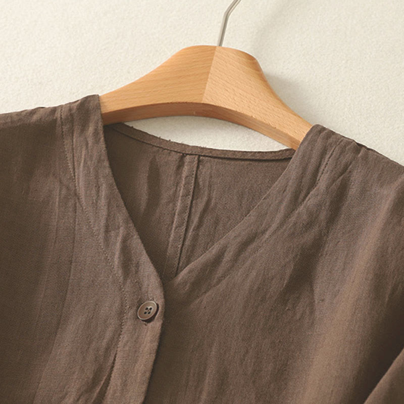 Nimara Ritual Summer Solid Color V-Neck Buttons Simple Design Women's Short Sleeve Shirt