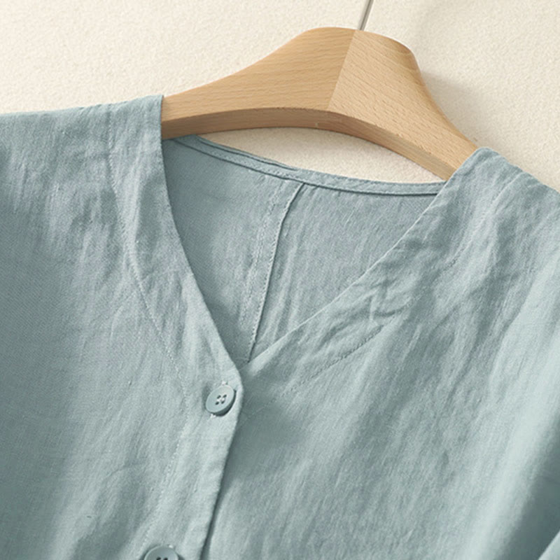 Nimara Ritual Summer Solid Color V-Neck Buttons Simple Design Women's Short Sleeve Shirt