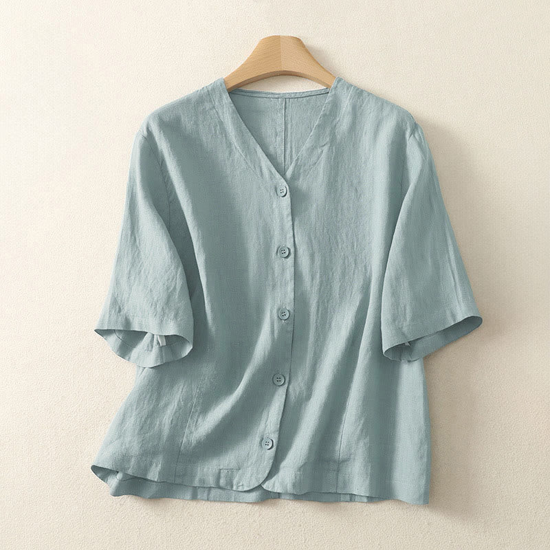 Nimara Ritual Summer Solid Color V-Neck Buttons Simple Design Women's Short Sleeve Shirt