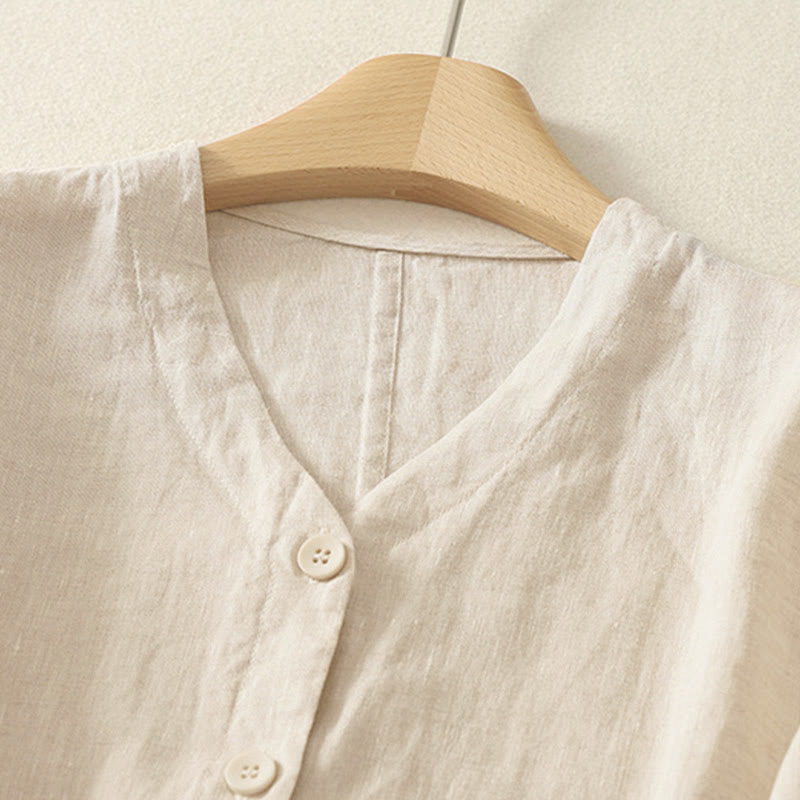 Nimara Ritual Summer Solid Color V-Neck Buttons Simple Design Women's Short Sleeve Shirt