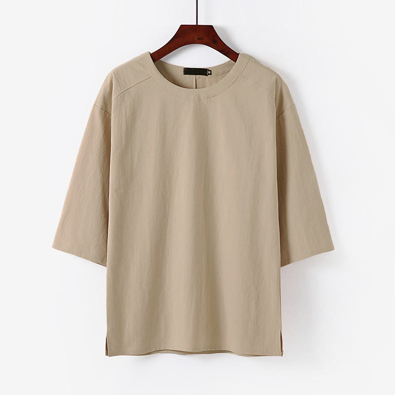 Nimara Ritual Summer Casual Crew Neck Men's Elbow-Length Sleeve Cotton Linen T-Shirt