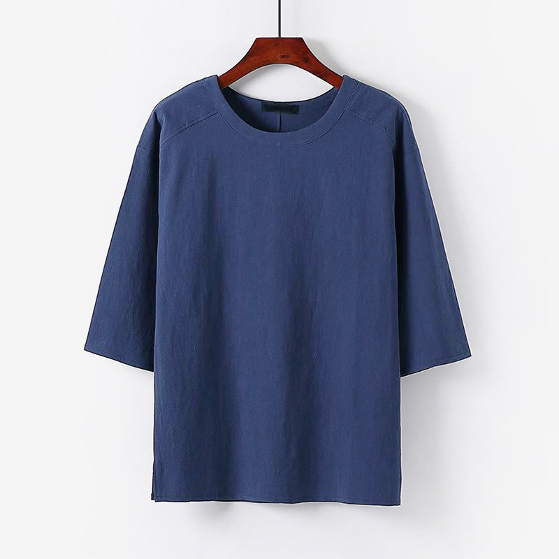 Nimara Ritual Summer Casual Crew Neck Men's Elbow-Length Sleeve Cotton Linen T-Shirt