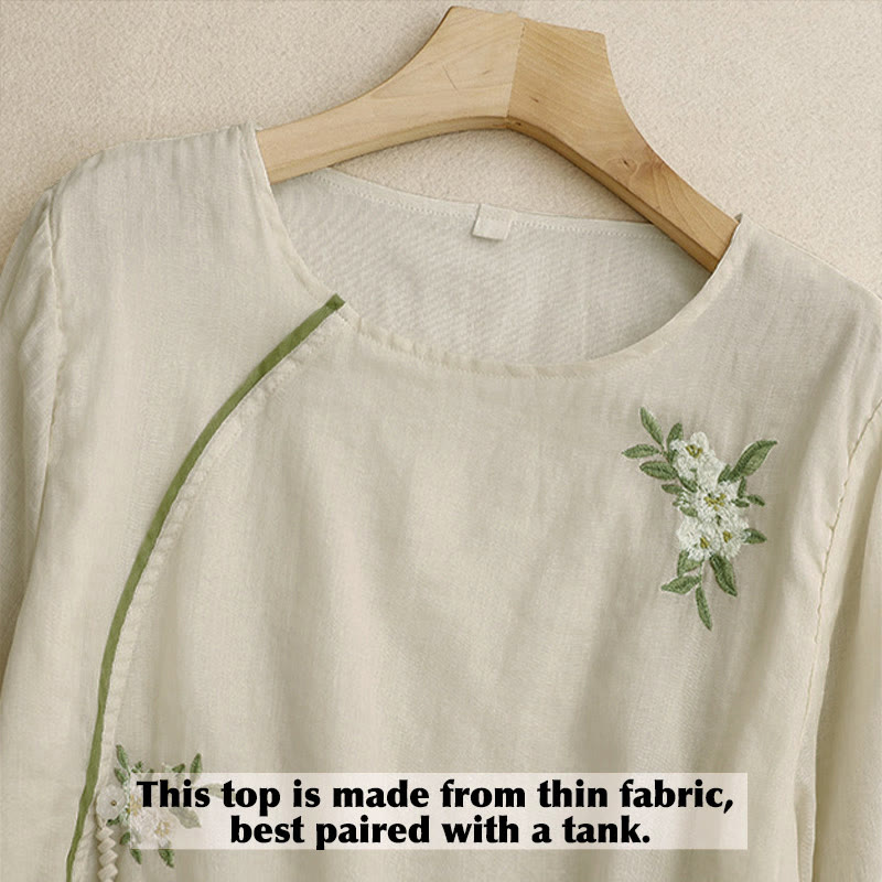 Nimara Ritual Beige Floral Green Leaf Embroidery Crew Neck Three Quarter Sleeve Women's Shirt
