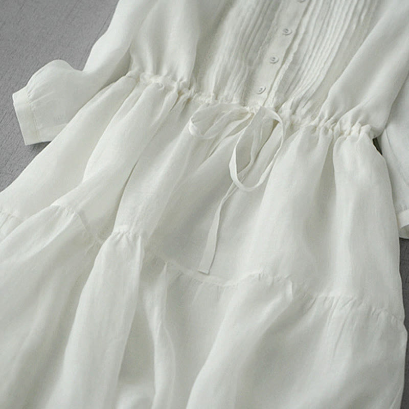 Nimara Ritual Summer Vintage Drawstring Button-up Solid Pintuck Design Cotton Women's Short Sleeve Dresses With Pocket